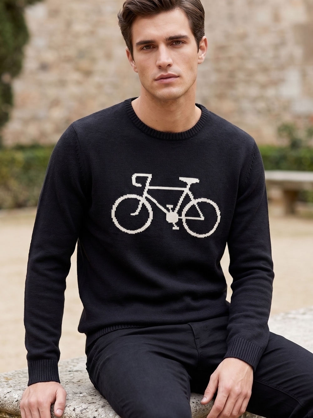 Men's Black Crewneck Sweater with Cream Bicycle Intarsia
